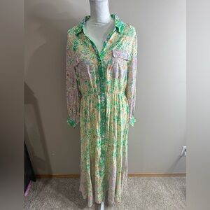Loft Floral Green & Lavender Long Sleeve godet pocket shirt Dress size large